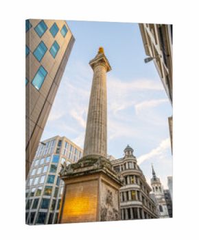 The Monument to the Great Fire of London rises between modern buildings, showcasing its historical significance.