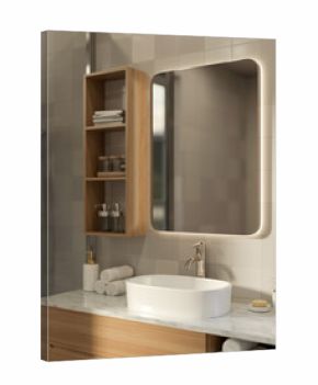 Rectangle mirror and wooden float shelf on tile wall over marble sink counter with towel in bathroom