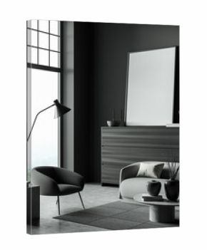 Minimalist living room interior with blank poster on wall, modern furniture, soft lighting and clean layout. 3D Rendering