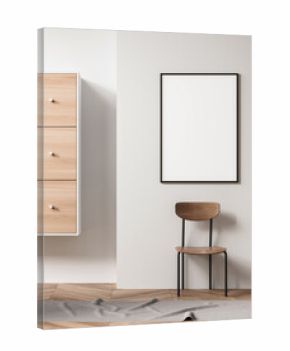 Minimalist interior scene with blank framed poster on white wall, wooden chair, and cabinet on wooden floor background. 3D Rendering for design mockup