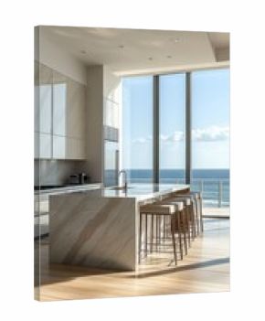 Modern kitchen with large marble island and bar stools overlooking ocean through floor-to-ceiling windows bringing bright natural light and serene view