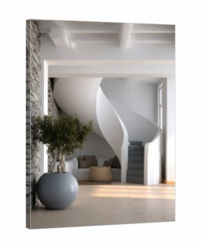 White spiral staircase modern interior, stone wall, potted plant, cozy sofa, natural light, minimalist design, peaceful atmosphere