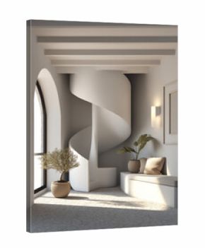 White stone spiral staircase with modern minimalist design, arched window, potted plants, and cozy seating in bright interior