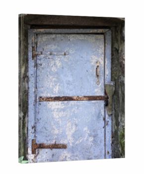 An old locked door painted in blue peeling paint, front view, background photo