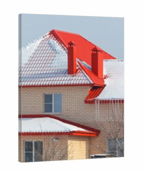 A red house with a red roof and a chimney