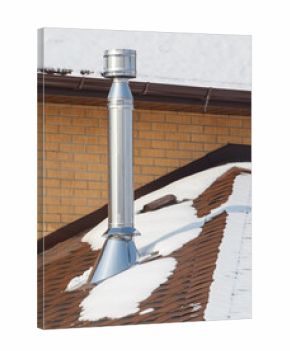 A chimney on a roof with snow on it