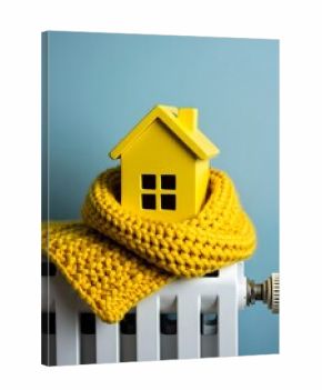 house wrapped in a cosy warm scarf on a radiator. Background, Home heating concept, wallpaper 