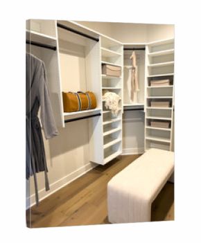 Walk-In Closet with Open Shelving and Bench
