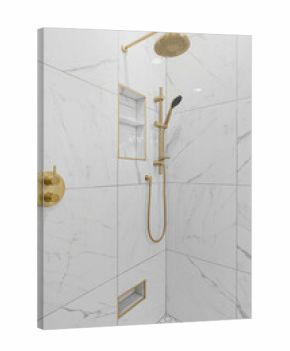 Gold shower head is mounted on a white wall