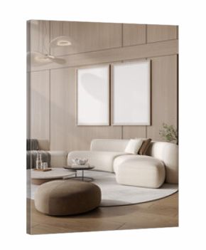 Two poster frames in modern living room with sofa, 3d render