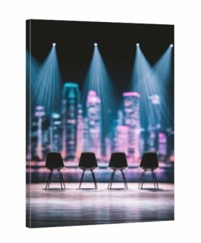 Panel discussion setup with four chairs illuminated by moody backlighting, creating an engaging atmosphere for an event in an urban setting with city skyline backdrop