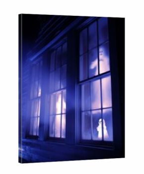 Ghostly Figures Appear in Haunted House Windows at Night With Eerie Blue Lighting