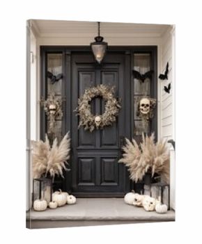 Elegant Halloween Decoration at a Modern Black Front Door With Skulls and Pumpkins