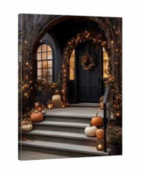 Charming Autumn Entrance With Pumpkins and Warm Lights in the Evening