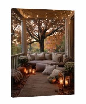 Cozy Autumn Porch With String Lights and Warm Decorations in a Peaceful Outdoor Setting