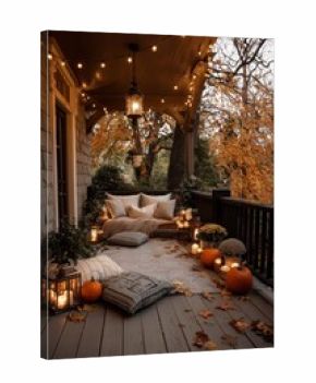 Cozy Outdoor Porch Decorated for Autumn Evenings With Lights and Pumpkins