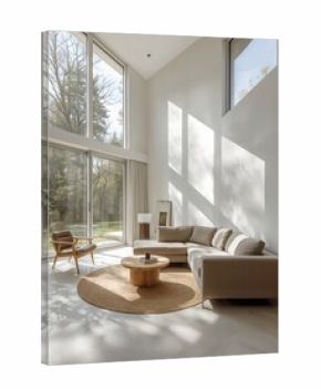a bright living room with large windows and a modern interior decor