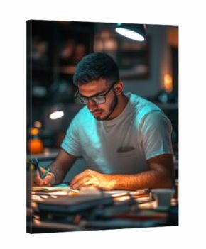 Focused Student Engaged in Late Night Studying at a Well-Illuminated Desk with Academic Materials