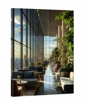 Vibrant photo of a sunlit modern lounge with lush vertical gardens and large windows
