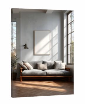 Blank frame hanging on white wall over wooden sofa on parquet floor in sunlit room of modern house.