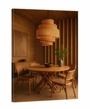 Elegant Mid-Century Modern Inspired Dining Room with Layered Tiered Rattan Chandelier, Bamboo Walls, and Round Wood Table