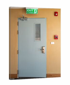 Emergency Exit Door with Green Sign, Fire Alarm, and Safety Equipment