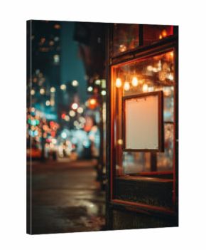 Glass door with blank rectangular sticker and warm interior lighting at entry