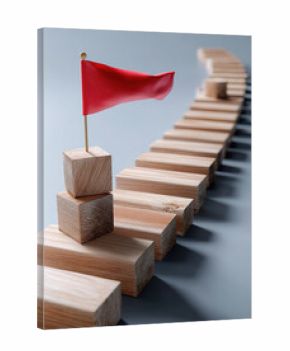 Progress Toward a Goal: Red Flag Marks Key Milestone on Wooden Block Staircase