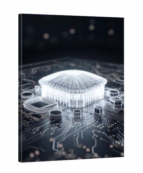 Glowing white wireframe sports arena sits atop a circuit board, connected by luminous traces—concept of digital twins for stadium operations, IoT sensors, and smart venue management.