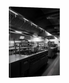 Empty Commercial Kitchen with Stainless Steel Equipment and Exhaust Hoods.