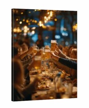 Festive gathering of friends toasting with beer mugs at a long table in a warm restaurant setting with soft lighting