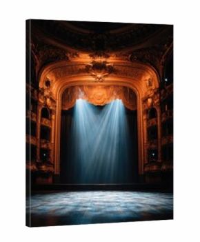 Grand theater stage with golden baroque details and dramatic lighting from below eye level
