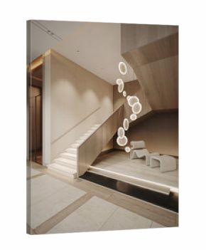 Minimalist staircase interior with warm wooden tones, modern chandelier, and elegant neutral design. Contemporary luxury home concept.