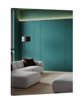 Emerald green accent color background walls. Modern stylish interior design lounge living room with cozy light sofas. 3d render