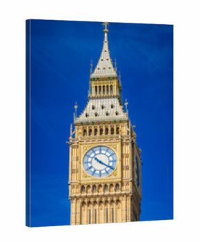 Close-up of Big Ben clock face under bright sunlight in London on a sunny day