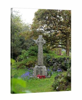 Historic Celtic Cross War Memorial Surrounded by Bluebells and Wreaths in  Churchyard of St Boniface