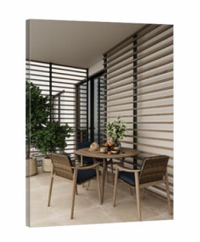 Outdoor balcony with modern furniture, wooden blinds, and green plants creating cozy relaxation space.