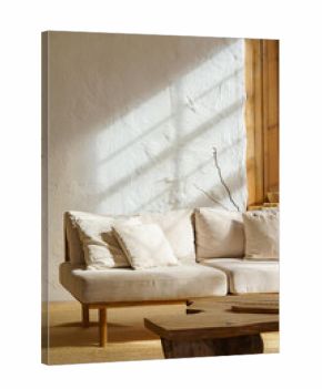Bright cozy living room with light beige sofa, rustic wooden coffee table and sunlight streaming through window. Home interior design in scandinavian style with warm tones and natural materials.