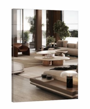 Modern living room with stylish furniture, neutral tones, and ample natural light. Elegant and luxury interior open living room with night lighting, travertine tv wall, bookshelf, wooden floor.