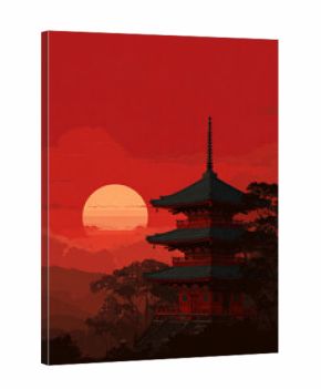 A minimalist illustration of a Japanese temple silhouette against a red-orange sunset or sunrise, overlooking water and mountains.