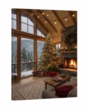 The living room of a cozy mountain cabin decorated for Christmas.