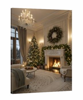 Living room decorated for Christmas - roaring fire and Christmas tree