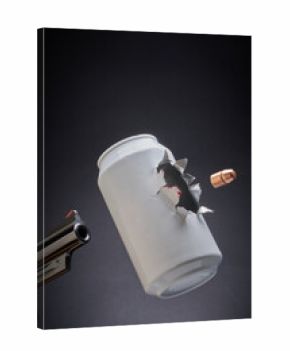 Gun control, bullet bursting through cans