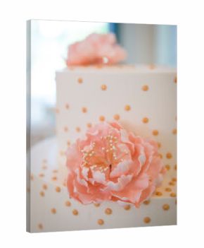 White Tiered Cake with Pink Sugar Peonies and Gold Dots