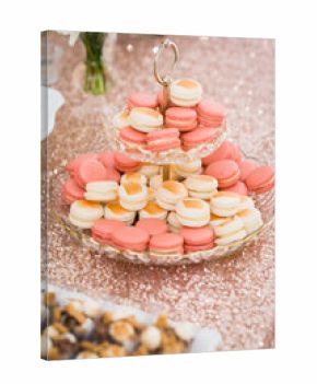 Pink and White Macarons on Tiered Glass Dessert Stand