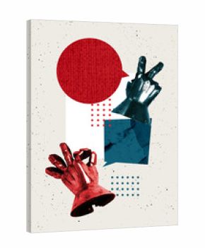 Art 3d sketch pop image collage of human hands wear metal glove show okay peace gesture bubble non-verbal communication chatterbox