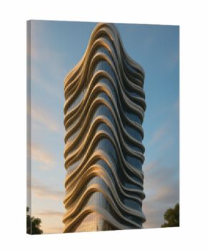 Modern architectural building with unique wavy design at sunset