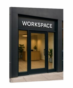 Modern workspace entrance with inviting design and greenery