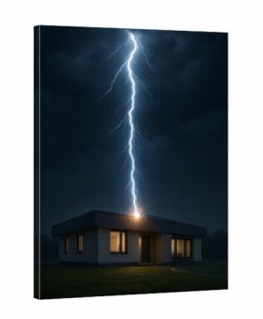 Dramatic lightning striking modern house during stormy night