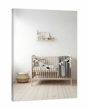 Wall mockup in children room, light cozy interior with wooden crib, 3D render, children’s room decor, Scandinavian minimalism, nursery design, and cozy interiors